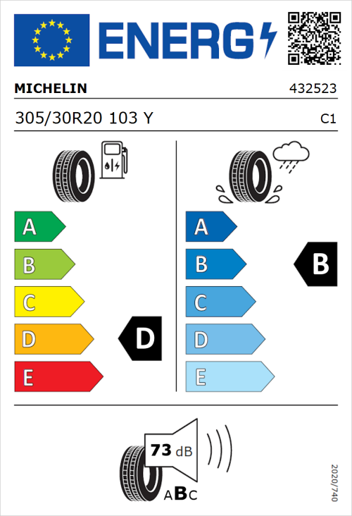 Tyre Label for Michelin Pilot Sport 4 S 305/30R20 103Y