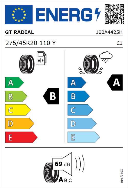 Tyre Label for GT Radial SportActive 2 275/45R20 110Y