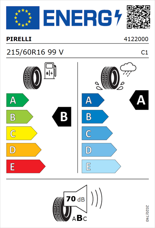Tyre Label for Pirelli Cinturato P7 (P7C2) 215/60R16 99V