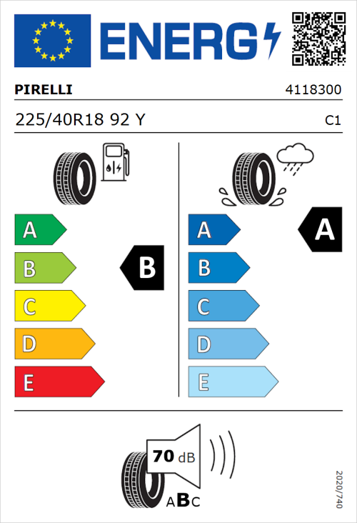 Tyre Label for Pirelli Cinturato P7 (P7C2) 225/40R18 92Y
